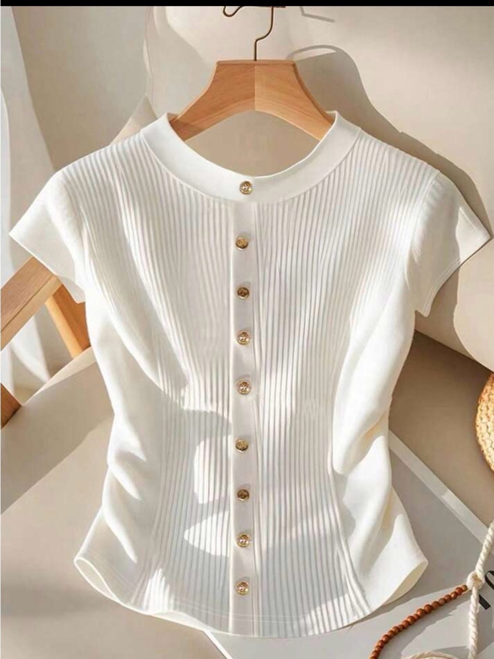 SHEIN White Ribbed Button-Front Cap Sleeve Top with Gold Buttons